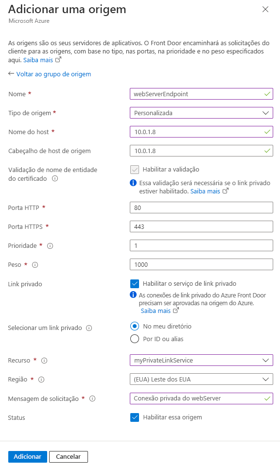 Screenshot of adding a web server origin setting in an origin group.