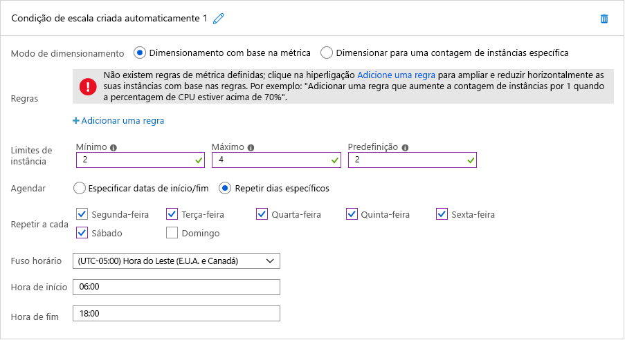 Figura 7: Dimensionamento automático agendado no Azure.