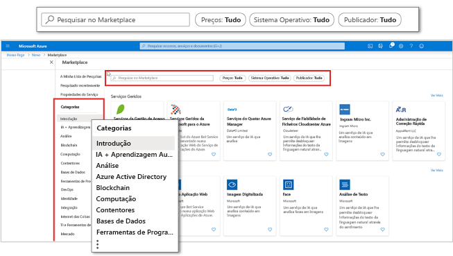 Captura de ecrã do Azure Marketplace no portal do Azure com ênfase nas categorias e filtros de aplicações.