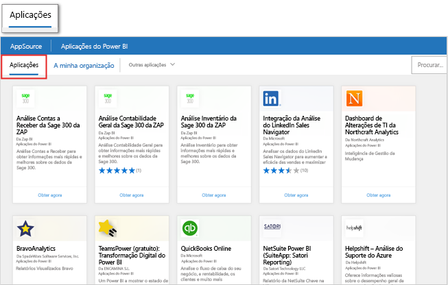 Captura de ecrã dos produtos Microsoft AppSource da página Obter aplicações no produto no Power BI.