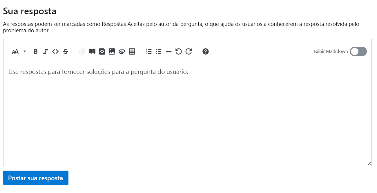 Captura de ecrã de um formulário de resposta em branco para publicar uma resposta a uma pergunta.