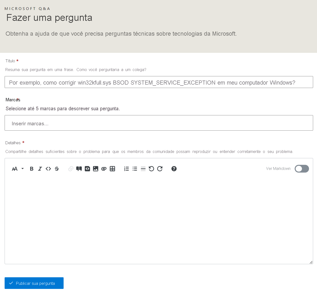 Captura de tela de um formulário em branco para postar uma pergunta no Microsoft Q&A.