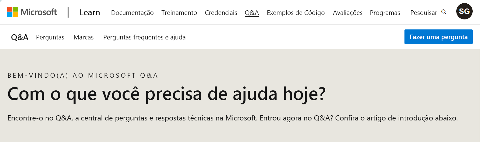 Captura de ecrã da página inicial do Microsoft Q&A.