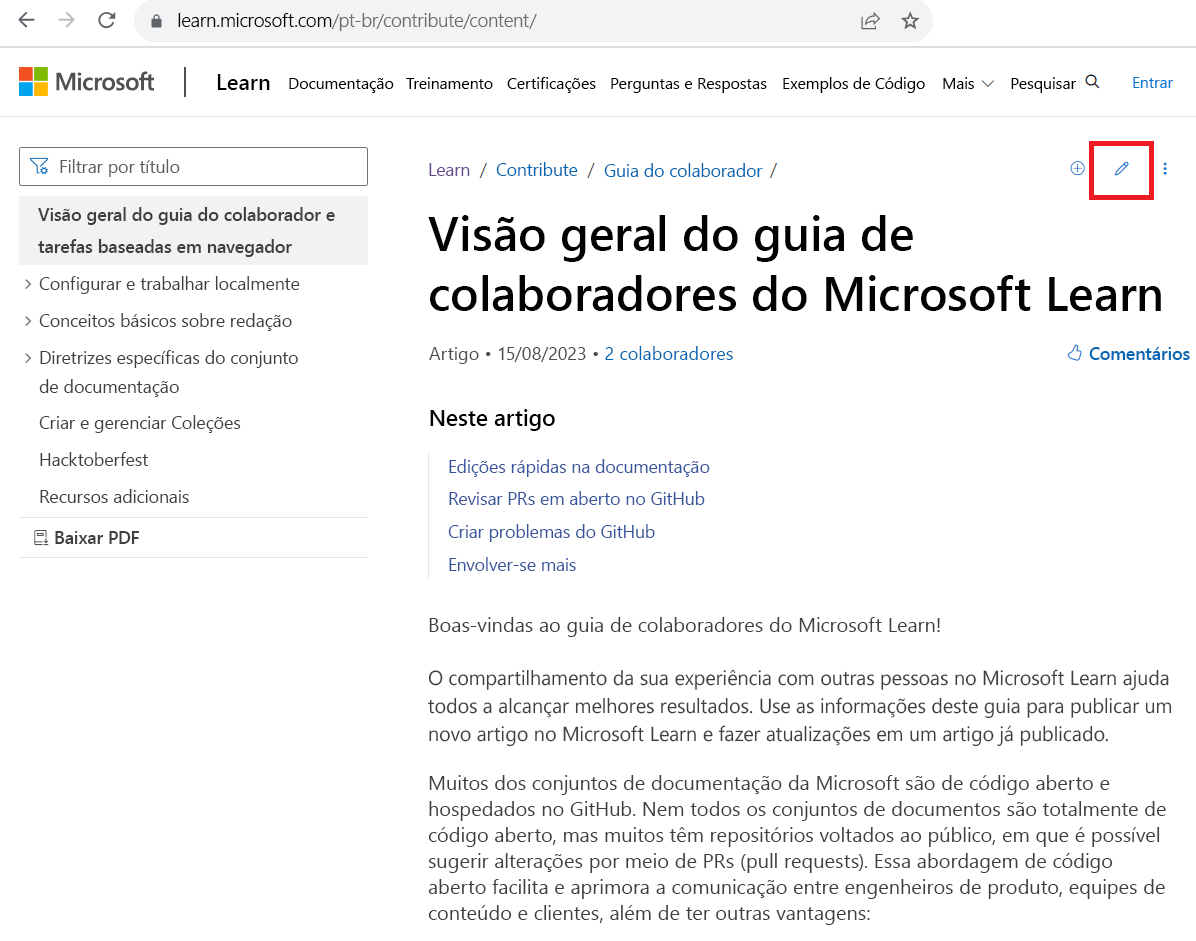 Captura de tela do artigo do Contribute aberta e o ícone Editar lápis realçado.