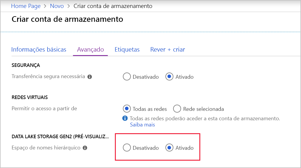 Captura de ecrã a mostrar as Definições Avançadas para Criar Conta de Armazenamento.