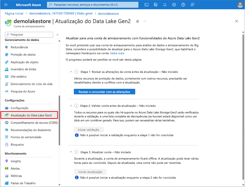 Captura de ecrã a mostrar as Definições Avançadas para Criar Conta de Armazenamento.