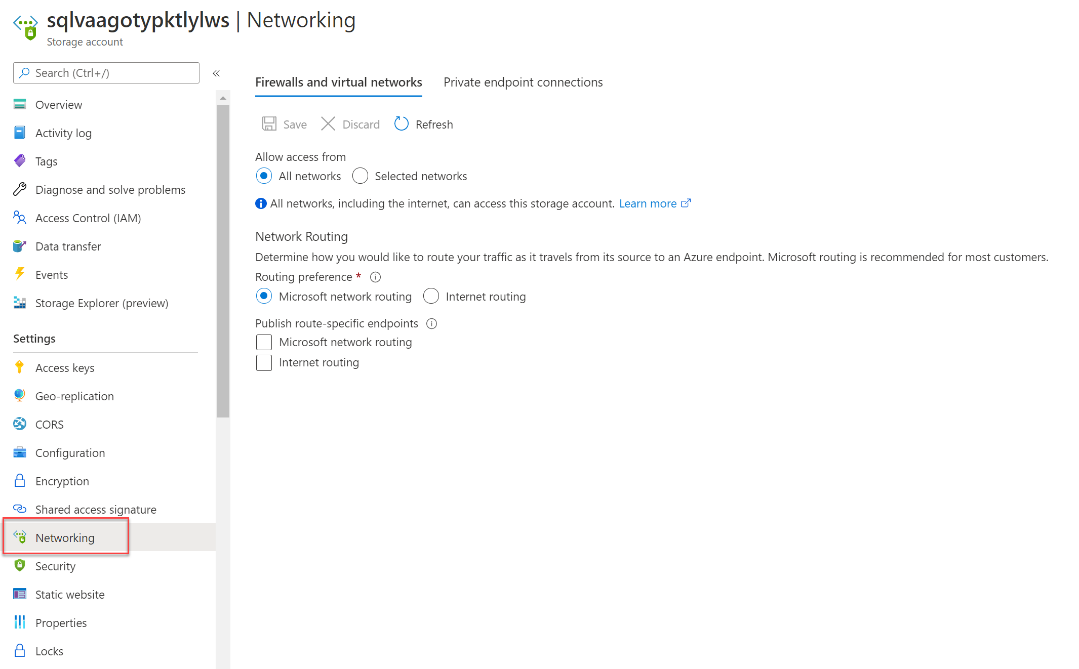 Captura de ecrã a mostrar as opções de firewall para contas de armazenamento.