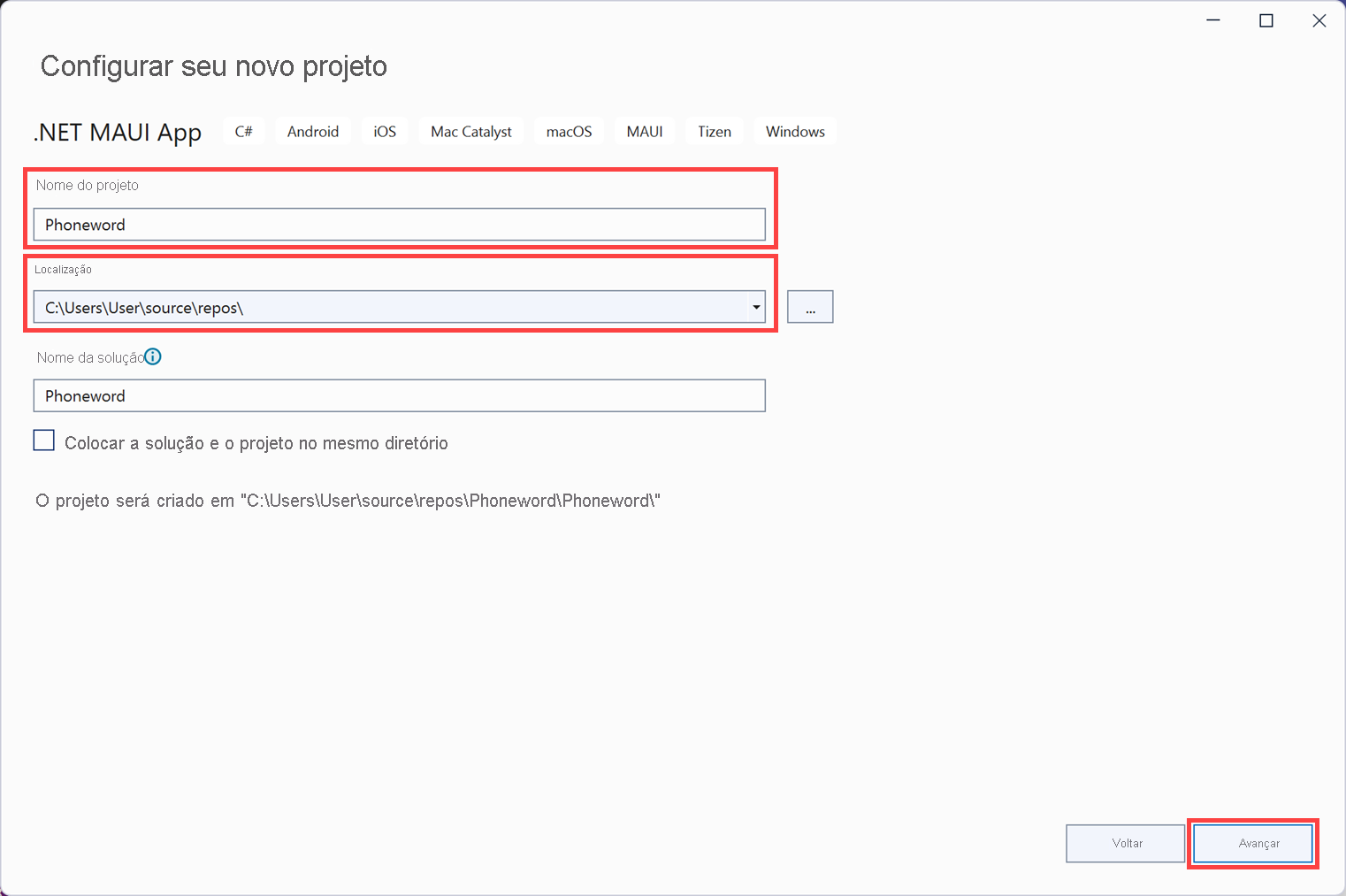 Uma captura de tela da caixa de diálogo Configurar seu novo projeto. O usuário nomeia o projeto Phoneword e seleciona um local em seu disco rígido para armazená-lo.