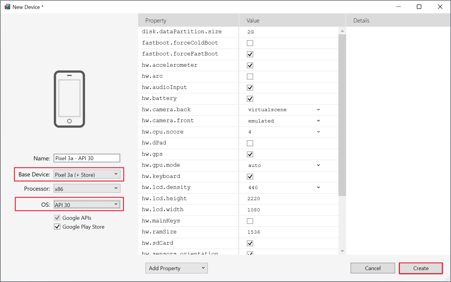 Uma captura de tela da janela Novo dispositivo do Android SDK. O usuário está criando um novo dispositivo Pixel 3 com a API 30 selecionada.