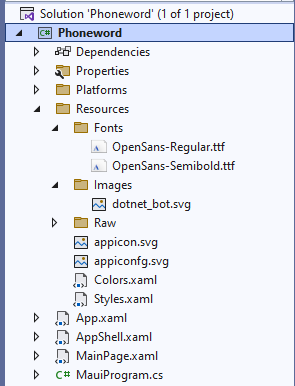 Uma captura de tela do projeto Phoneword na janela do gerenciador de soluções do Visual Studio.