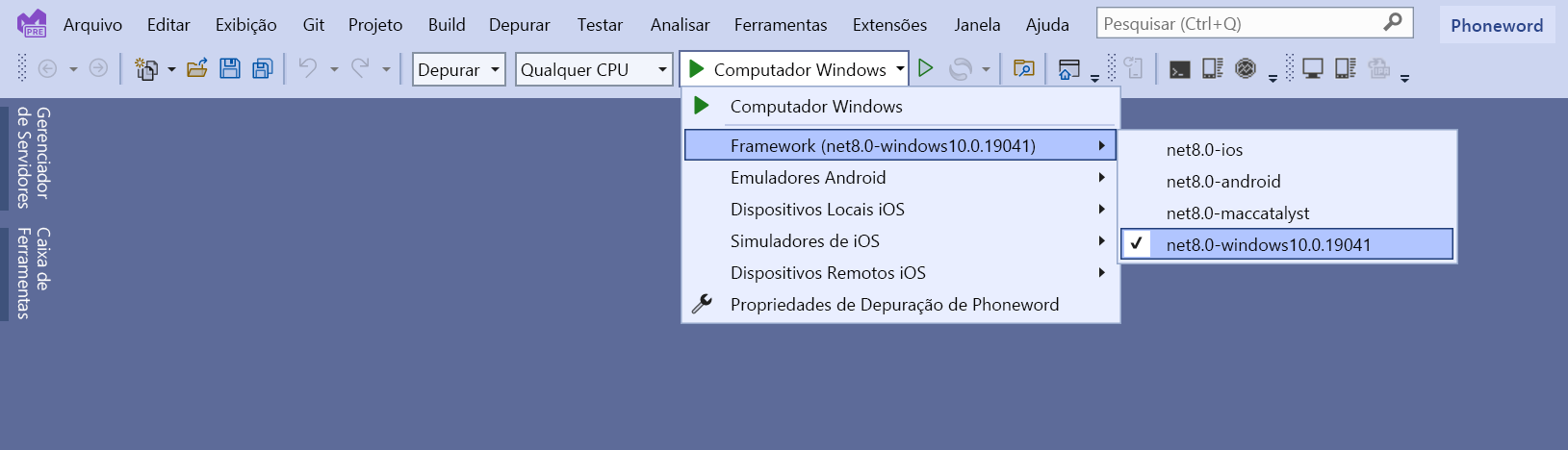 Uma captura de tela do menu suspenso de tempo de execução de destino no Visual Studio. O usuário define o perfil do Windows Machine como o perfil de inicialização da solução.