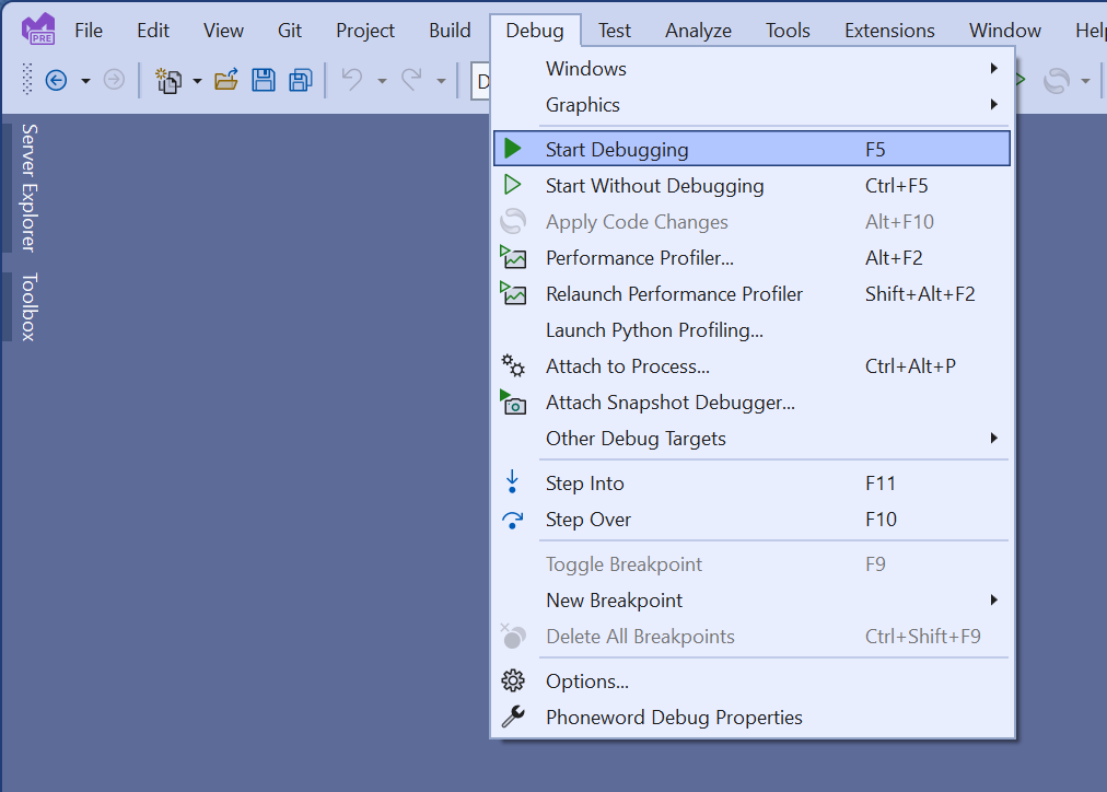 Uma captura de tela do menu de depuração do Visual Studio. O usuário está depurando o aplicativo usando o perfil do Windows Machine.