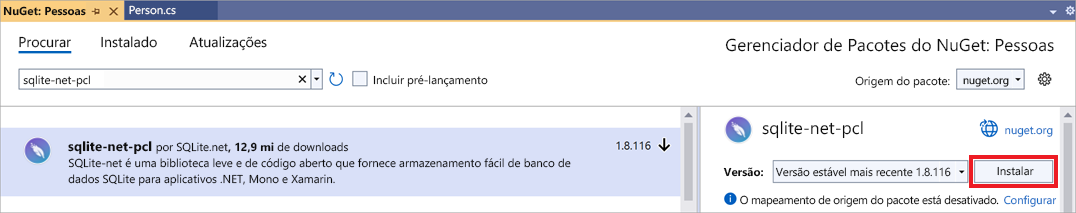 Uma captura de tela mostrando o gerenciador de pacotes NuGet com a biblioteca sqlite-net-pcl selecionada.