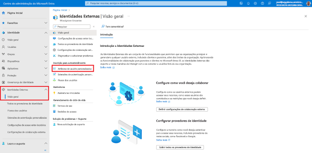 Captura de tela da folha Visão Geral de Identidades Externas com a navegação à esquerda realçando Atributos de usuário personalizados.