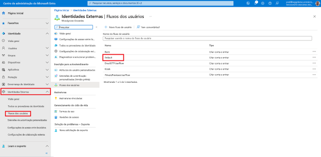 Captura de tela da navegação à esquerda do centro de administração do Microsoft Entra destacando Identidades Externas e Fluxos de Usuário, onde na lista de grade de fluxos de usuários, o chamado Padrão é realçado.