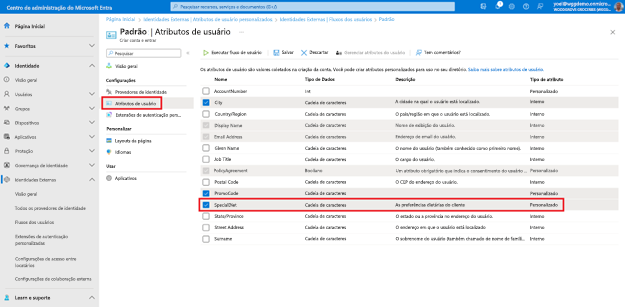 A captura de tela da folha User attribues para o fluxo de usuário intitulada Default mostra uma lista de atributos habilitados para o fluxo de usuário. O atributo intitulado SpecialDiet é destacado.