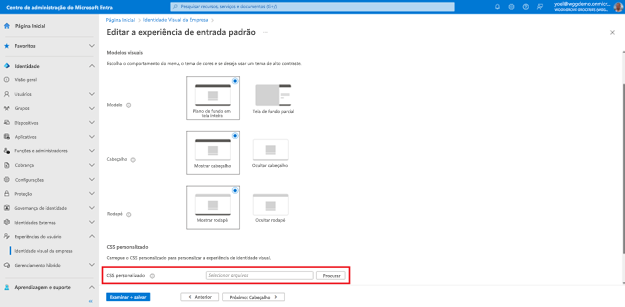 Captura de ecrã do separador Esquema da folha Editar experiência de início de sessão predefinida, realçando o campo para carregar CSS personalizado.