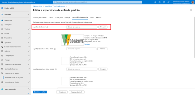 Captura de ecrã do separador Formulário de início de sessão da folha Editar experiência de início de sessão predefinida realçando um campo para carregar o logótipo do banner.