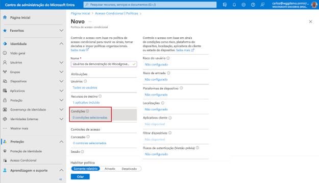 Captura de ecrã da folha Nova política de Acesso Condicional a realçar Condições.