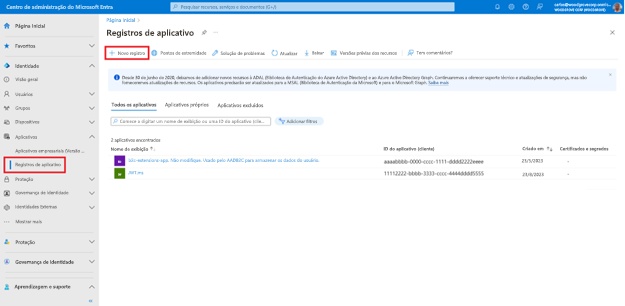 Captura de ecrã da folha Registos de aplicações com um botão intitulado Novo registo realçado.