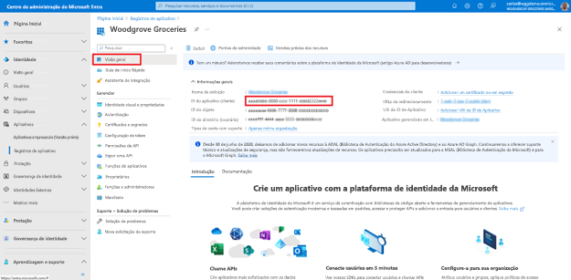Captura de ecrã dos registos de aplicações com Visão geral na navegação à esquerda realçada. O ID do aplicativo (cliente) também é destacado em Essentials.