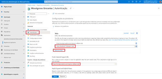 Captura de ecrã da folha Autenticação em Registos de aplicações com o URI realçado em URIs de Redirecionamento da Web, bem como o URL para URL de início de sessão do canal Frontal.
