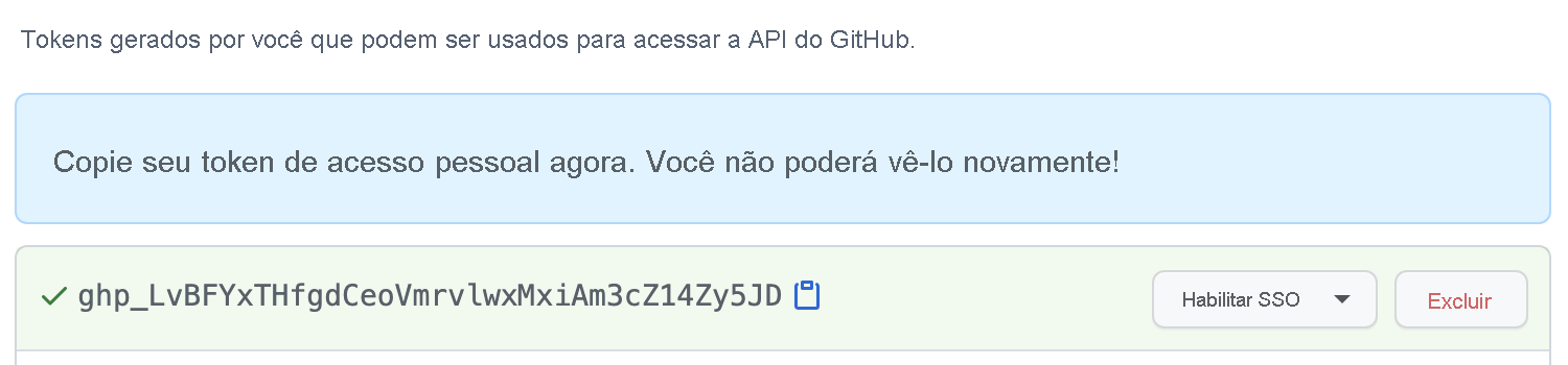 Captura de tela com um exemplo de um token de acesso pessoal do GitHub.