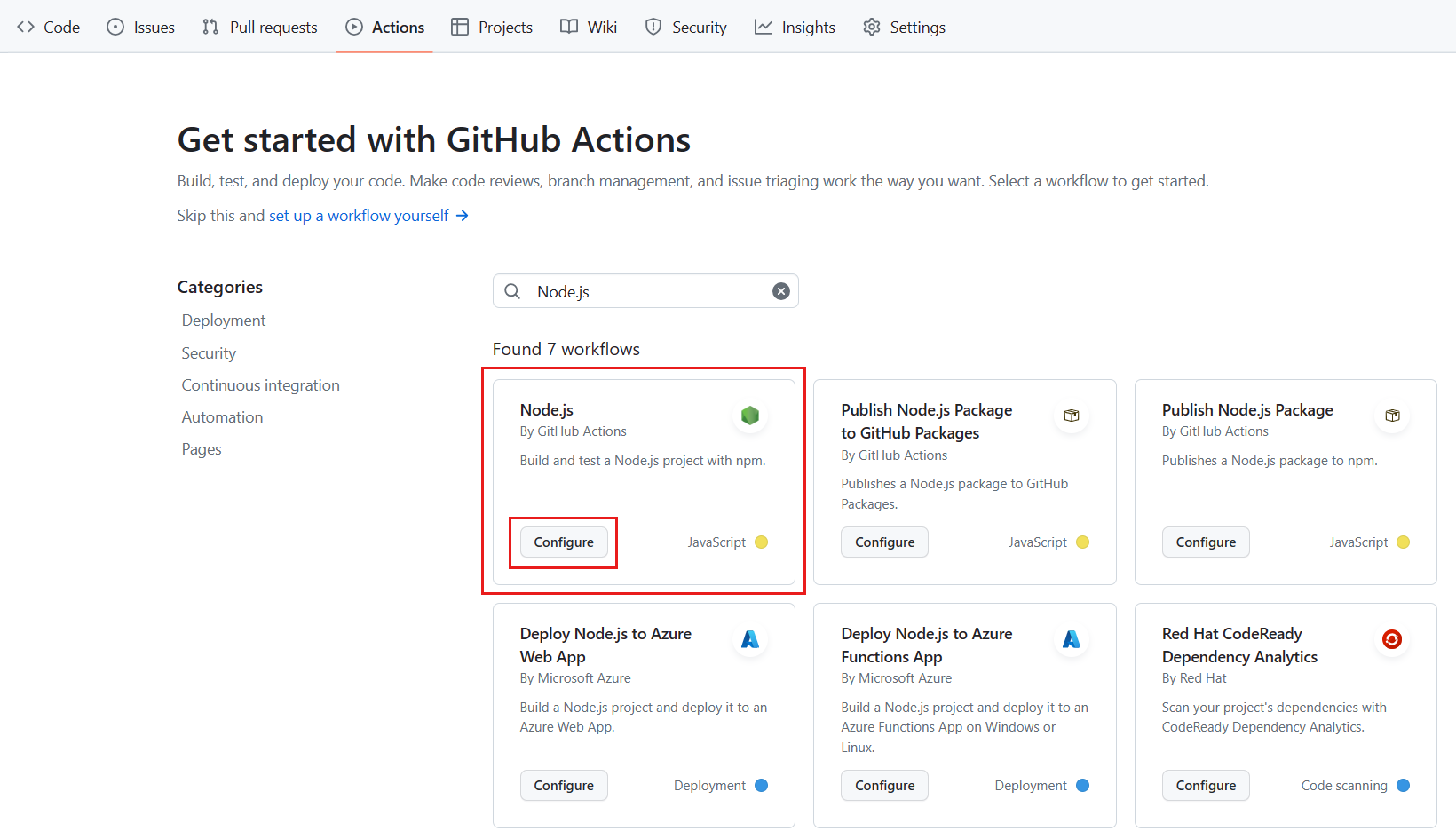 Captura de tela mostrando a guia Ações do GitHub com o painel Node.js realçado e o modelo Node.js selecionado.