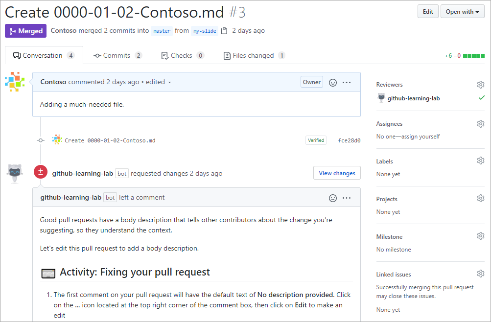 Uma captura de tela de uma solicitação pull e um comentário dentro da pull request.