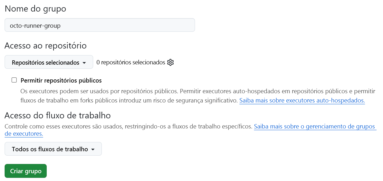 Captura de ecrã do ecrã Novo grupo com exemplo de nome de grupo para todos os repositórios.