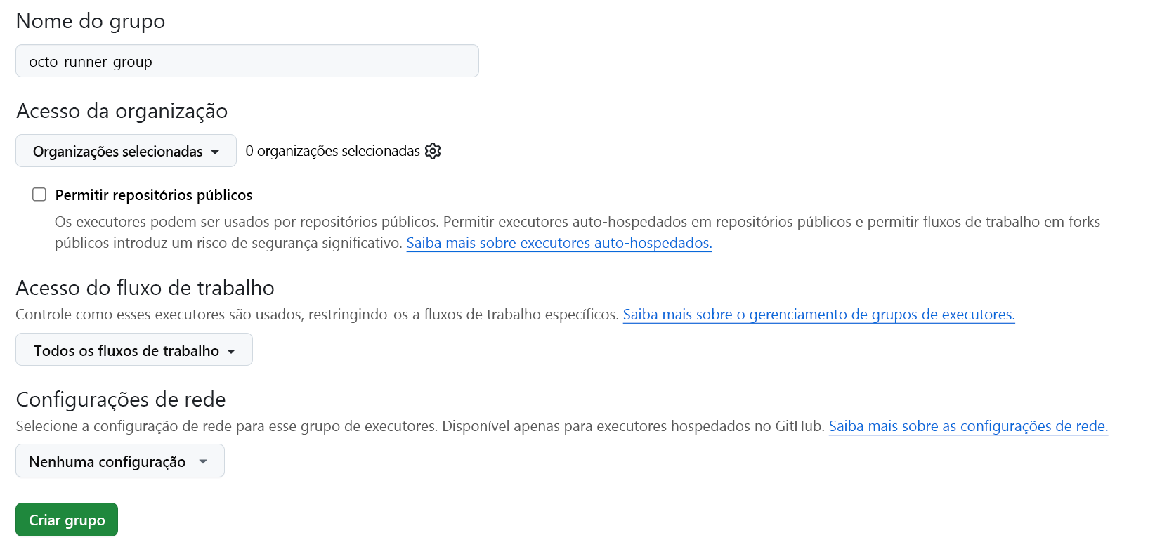 Captura de tela da tela Novo grupo com exemplo de nome de grupo para todas as organizações.