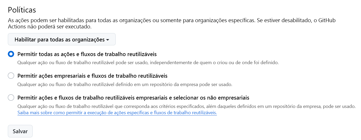 Captura de ecrã do ecrã Ações com as opções predefinidas selecionadas.