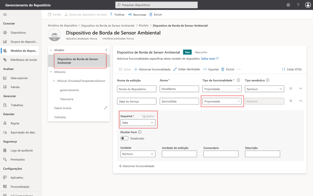 Captura de tela que mostra as propriedades da nuvem no modelo de dispositivo.