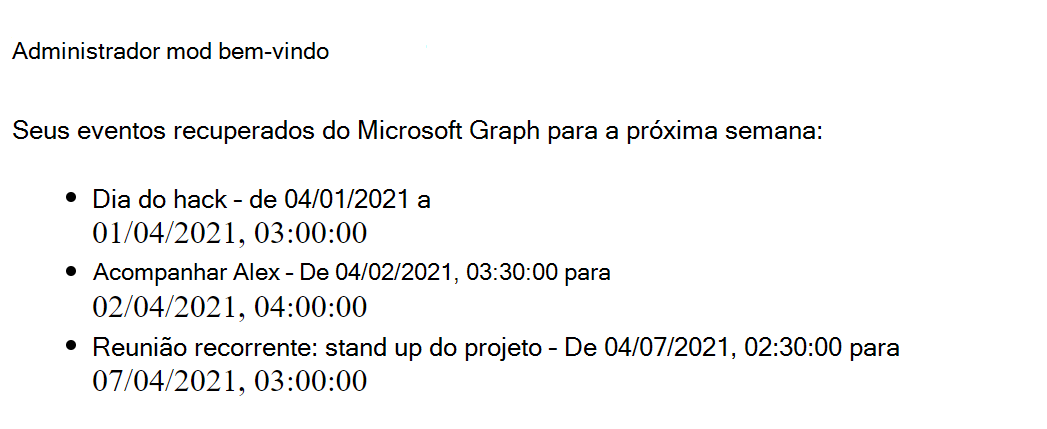 Captura de tela mostrando os eventos do usuário da semana