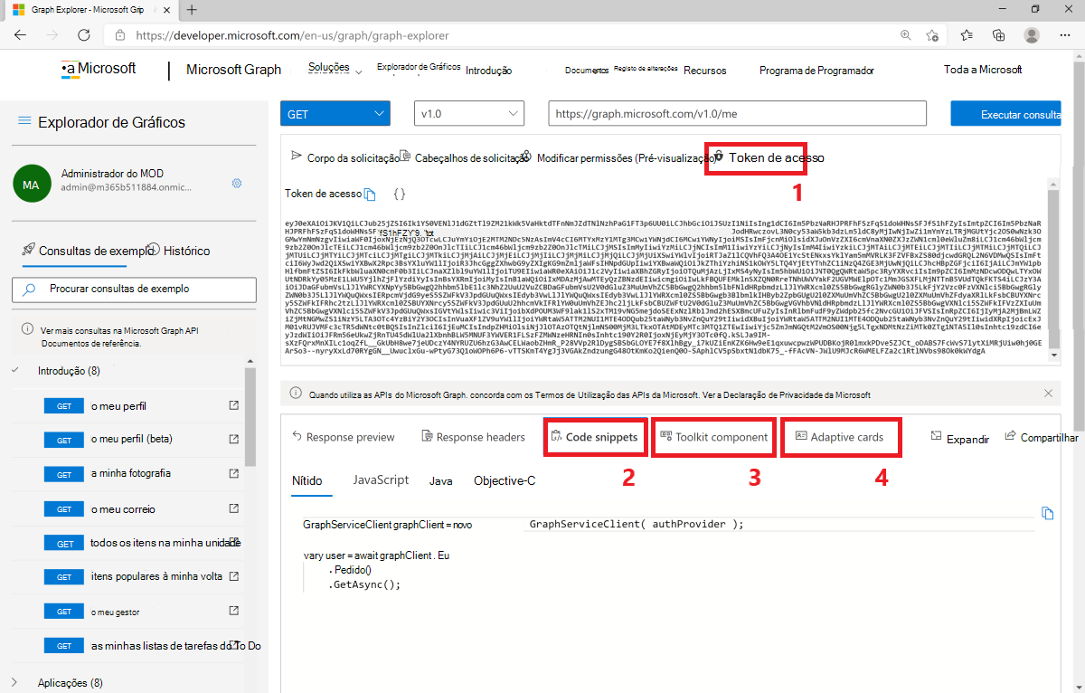 Captura de tela mostrando como consumir o Microsoft Graph nos seus aplicativos com a ajuda do Explorador do Graph.