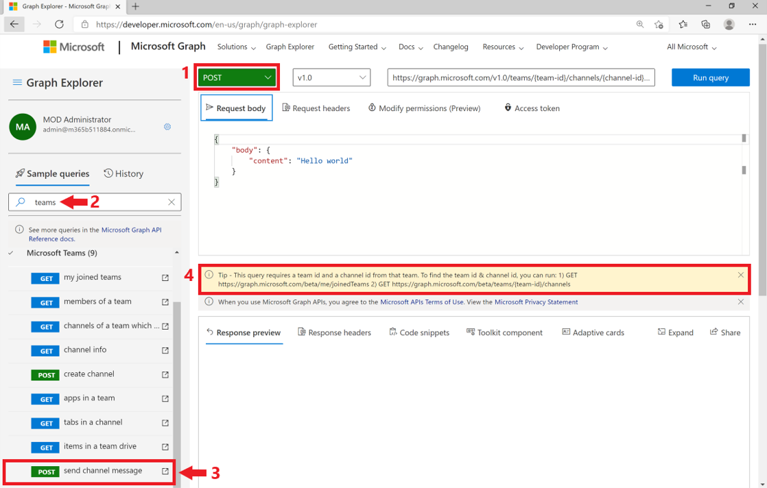 Captura de tela mostrando como postar uma solicitação no Explorador do Microsoft Graph.