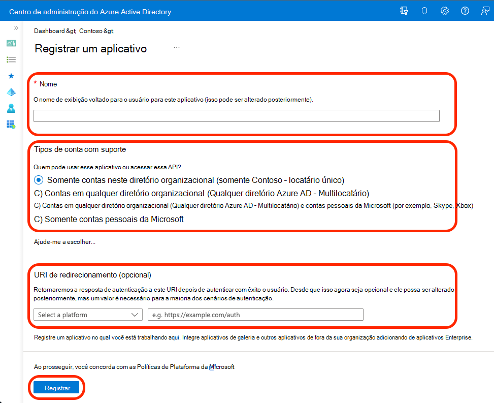 Captura de ecrã que mostra as seleções para registar uma aplicação no Microsoft Entra ID.