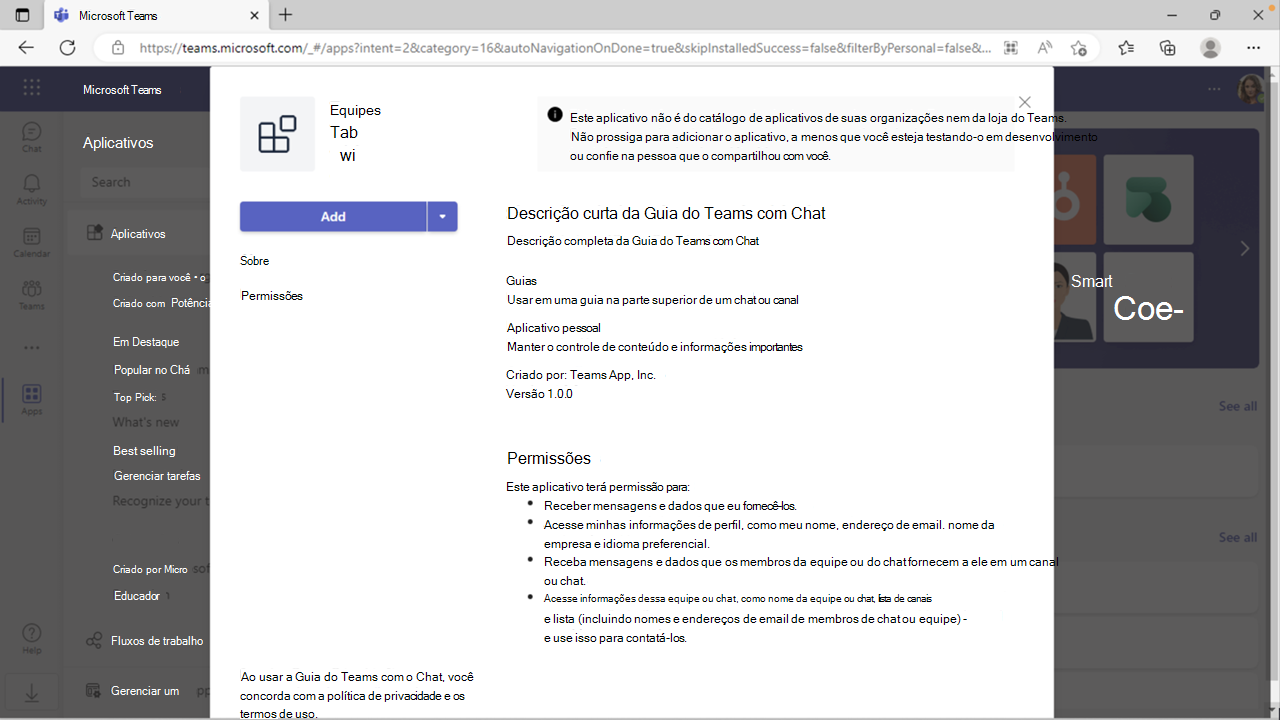 Captura de ecrã a mostrar a aplicação carregada para ser adicionada ao Teams.