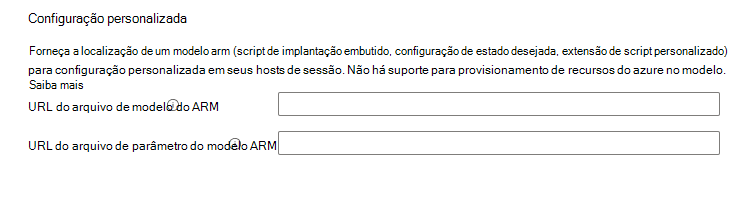 Captura de ecrã a mostrar a configuração personalizada da máquina virtual criar conjunto de anfitriões do Azure Virtual Desktop.