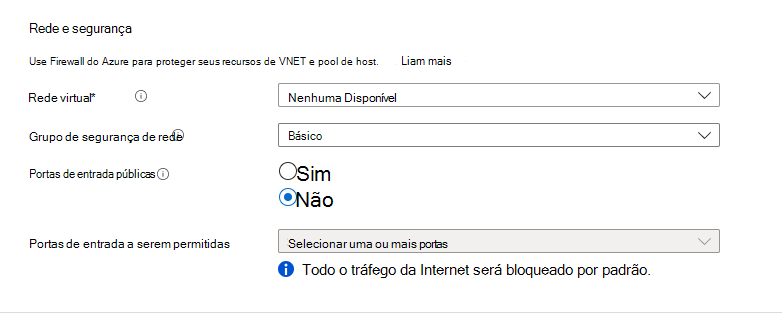 Captura de ecrã a mostrar a rede e a segurança da máquina virtual do conjunto de anfitriões do Azure Virtual Desktop.