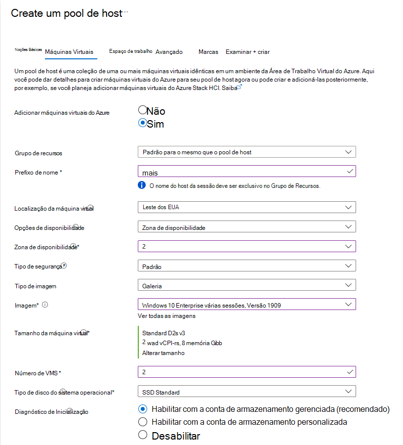 Captura de tela da guia da máquina virtual de criação do pool de host da Área de Trabalho Virtual do Azure.