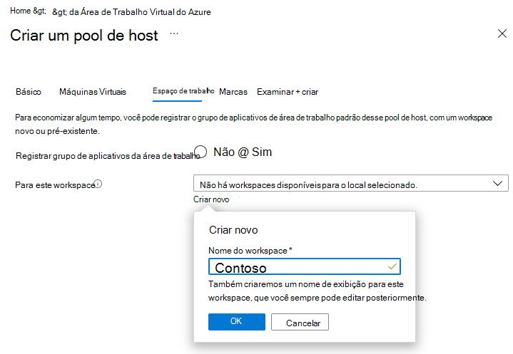 Captura de tela da guia do espaço de trabalho que mostra como criar um novo espaço de trabalho.