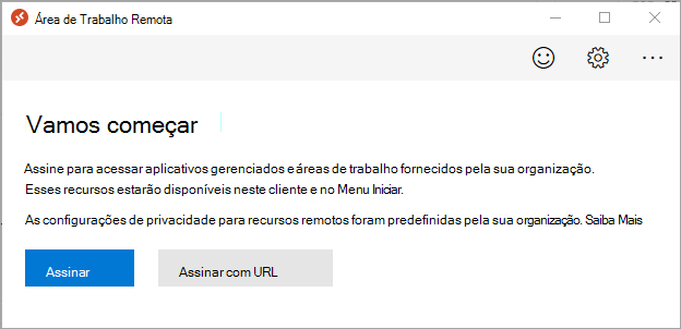 Captura de tela da janela da área de trabalho remota com o botão assinar com URL.