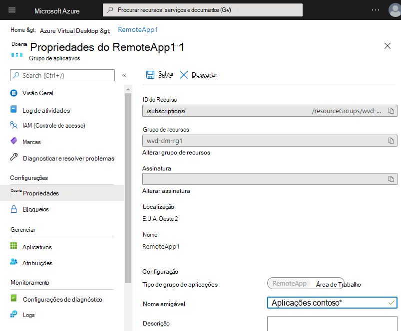 Captura de tela que mostra as propriedades do grupo de aplicativos RemoteApp com o nome amigável apps Costoso.