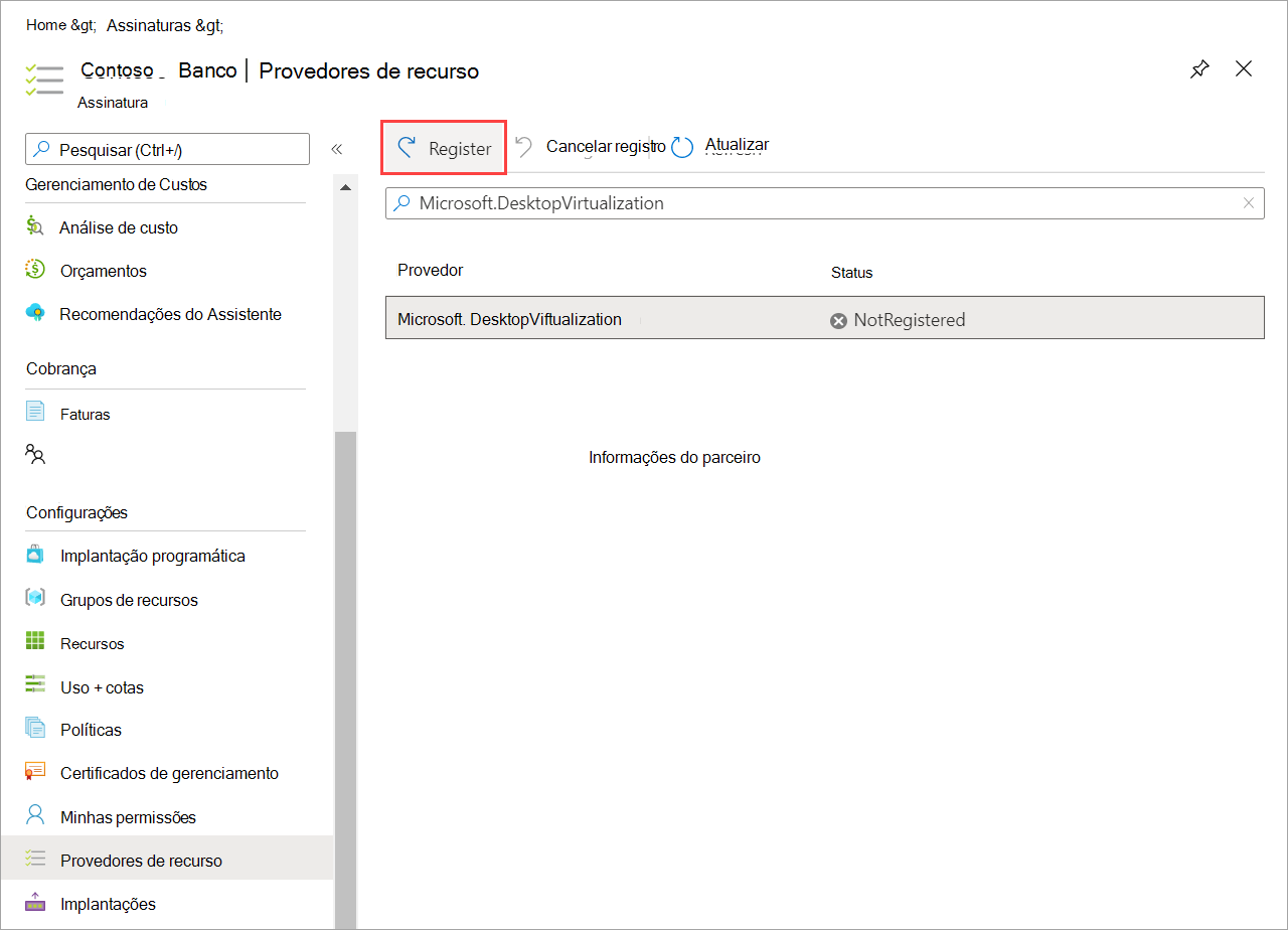 Captura de tela do provedor de recursos listado e botão de registro realçado.