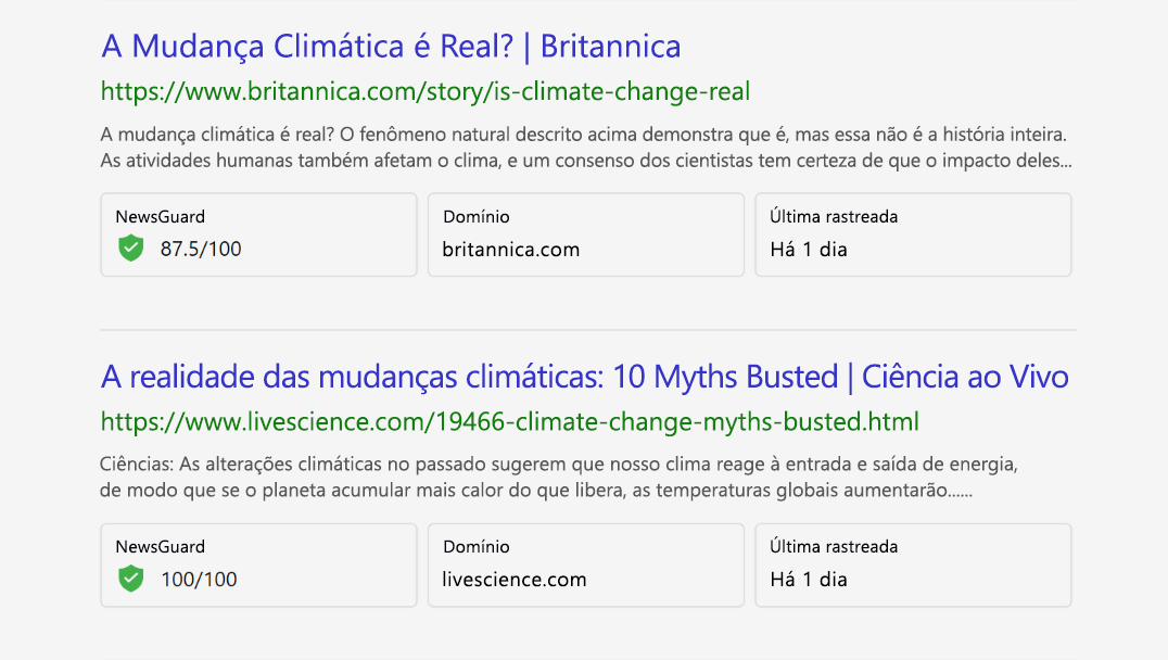 Captura de tela dos resultados da pesquisa no coach de pesquisa com as classificações de confiabilidade do NewsGuard.