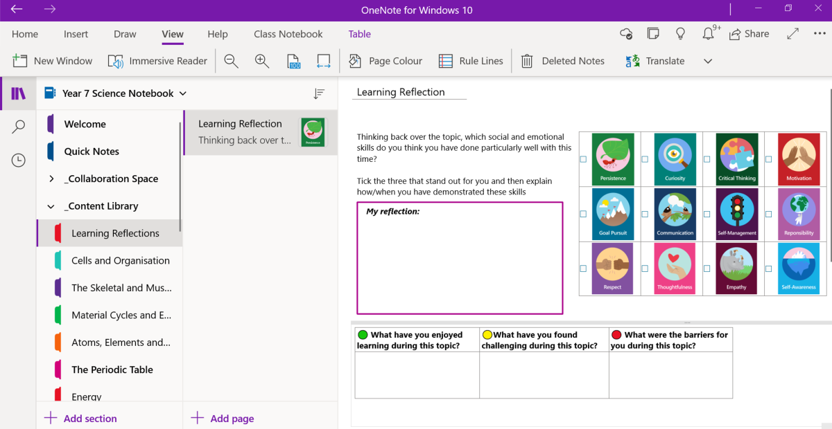 Captura de tela de uma página de aprendizagem do Bloco de Anotações de Classe do OneNote. A página contém uma atividade de reflexão de aprendizado para que os alunos avaliem como se sentiram sobre o tópico de aprendizado e as habilidades de aprendizado social e emocional que demonstraram.