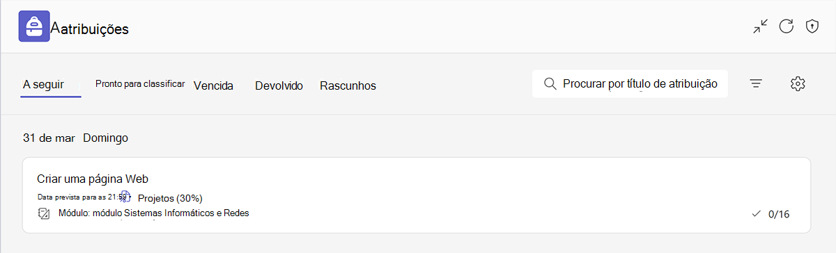 Captura de ecrã a mostrar as categorias de estado da atribuição no Microsoft Teams para Educação.