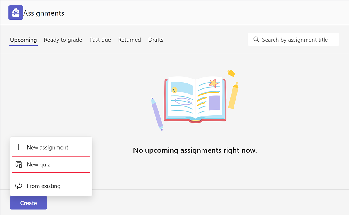 Screenshot of the new quiz option when creating a new assignment in Microsoft Teams for Education.