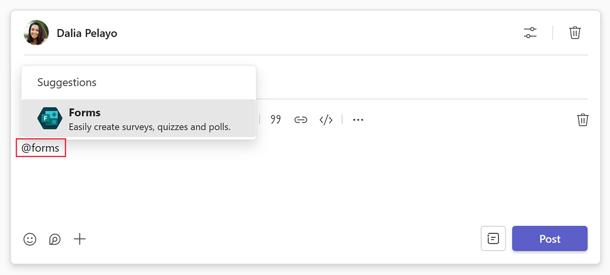 Screenshot of the @forms feature for embedding a form in a channel post in Microsoft Teams.